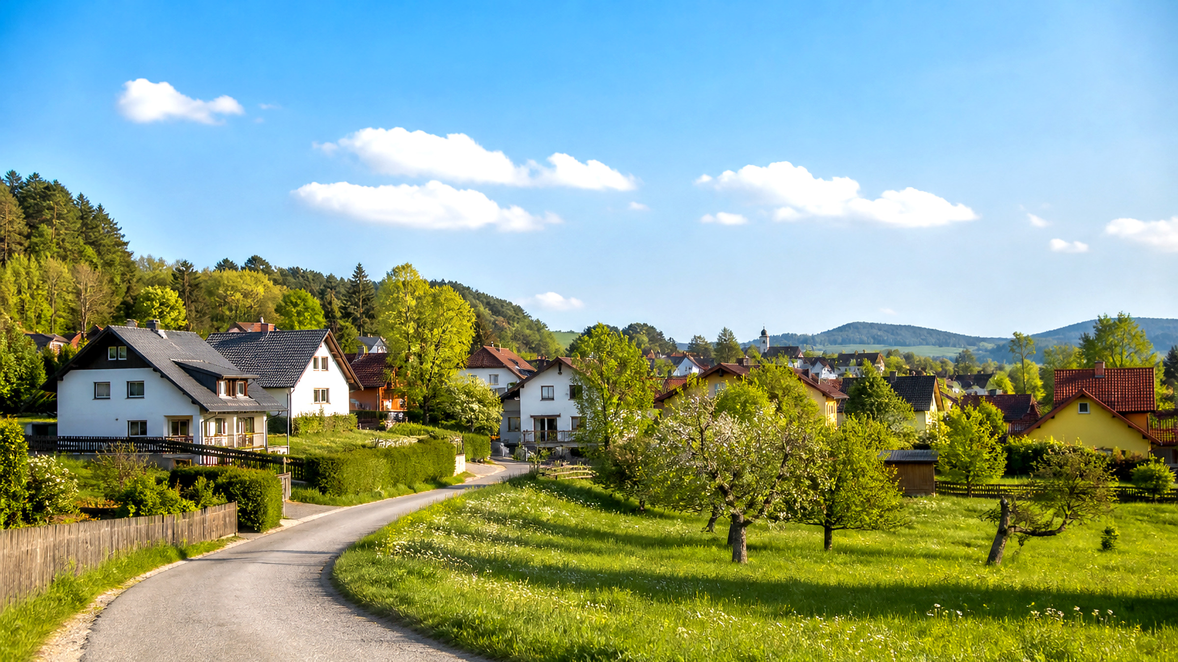 Symbolbild von Wohnhäusern, Gärten und einer ländlichen Straße